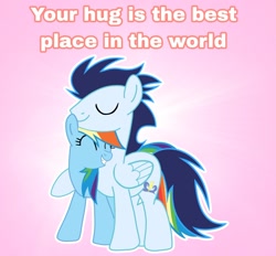 Size: 1502x1395 | Tagged: safe, anonymous editor, artist:soarindasher10, edit, rainbow dash, soarin', pegasus, pony, g4, duo, duo male and female, female, gradient background, hug, male, mare, ship:soarindash, shipping, smiling, stallion, straight, text, wings