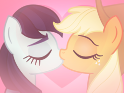 Size: 1600x1200 | Tagged: safe, artist:starless, derpibooru exclusive, applejack, coloratura, earth pony, pony, g4, applejack's hat, cowboy hat, eyes closed, female, hat, heart, kissing, lesbian, rara, ship:rarajack, shipping, show accurate