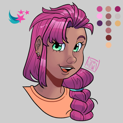 Size: 2160x2160 | Tagged: safe, artist:twillow, sunny starscout, human, g5, bust, color palette, ear piercing, earring, female, gray background, humanized, jewelry, looking at you, moderate dark skin, open mouth, open smile, piercing, signature, simple background, smiling, smiling at you, solo