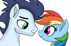 Size: 2139x1395 | Tagged: safe, artist:pinky cloudy, rainbow dash, soarin', pegasus, pony, g4, blushing, duo, duo male and female, female, looking at each other, looking at someone, male, mare, ship:soarindash, shipping, simple background, smiling, smiling at each other, stallion, straight, white background