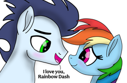 Size: 2139x1395 | Tagged: safe, artist:pinky cloudy, rainbow dash, soarin', pegasus, pony, g4, blushing, duo, duo male and female, female, i love you, looking at each other, looking at someone, male, mare, ship:soarindash, shipping, simple background, smiling, smiling at each other, stallion, straight, white background