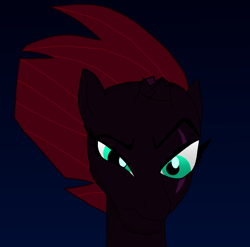 Size: 1222x1207 | Tagged: safe, artist:velvet surface, tempest shadow, pony, unicorn, g4, my little pony: the movie, blue background, broken horn, bust, eyebrows, female, gradient background, horn, krita, looking at someone, mare, raised eyebrow, solo