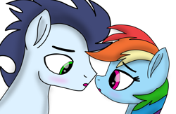 Size: 2139x1395 | Tagged: safe, artist:pinky cloudy, rainbow dash, soarin', pegasus, pony, g4, blushing, duo, duo male and female, female, looking at each other, looking at someone, male, mare, now kiss, ship:soarindash, shipping, simple background, stallion, straight, white background