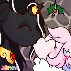 Size: 2100x2100 | Tagged: safe, artist:audreen, oc, oc only, pony, broken horn, duo, eyes closed, height difference, holly, holly mistaken for mistletoe, horn, horn ring, kissing, ring