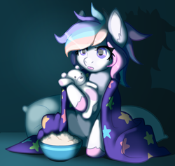 Size: 1807x1714 | Tagged: safe, artist:angalalove, oc, oc only, earth pony, pony, blanket, female, food, mare, plushie, popcorn, solo, teddy bear