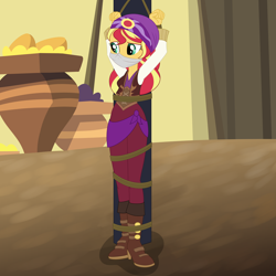 Size: 3000x3000 | Tagged: safe, artist:nie-martw-sie-o-mnie, sunset shimmer, human, equestria girls, equestria girls specials, g4, my little pony equestria girls: movie magic, arms in the air, bondage, bound and gagged, cloth gag, clothes, female, femsub, gag, headscarf, india movie set, over the nose gag, pole tied, rope, rope bondage, scarf, solo, submissive, subset