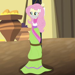 Size: 3000x3000 | Tagged: safe, artist:nie-martw-sie-o-mnie, fluttershy, human, equestria girls, equestria girls specials, g4, my little pony equestria girls: movie magic, arms in the air, bondage, bound and gagged, butterfly hairpin, cloth gag, clothes, dress, female, femsub, fluttersub, gag, india movie set, long dress, long skirt, over the nose gag, pole tied, rope, rope bondage, skirt, solo, submissive