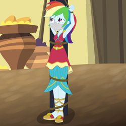 Size: 3000x3000 | Tagged: safe, artist:nie-martw-sie-o-mnie, rainbow dash, human, equestria girls, equestria girls specials, g4, my little pony equestria girls: movie magic, arms in the air, bondage, bound and gagged, cloth gag, clothes, dashsub, dress, female, femsub, gag, india movie set, over the nose gag, pole tied, rope, rope bondage, sleeveless, sleeveless dress, solo, submissive