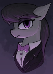 Size: 1520x2104 | Tagged: safe, artist:candel, octavia melody, pony, g4, bowtie, clothes, eyeshadow, female, frown, looking at you, makeup, mare, solo, suit