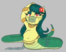 Size: 1004x797 | Tagged: safe, artist:otl crafts, oc, oc only, oc:silia, lamia, original species, pony, snake, snake pony, arm behind head, belly, belly button, belly dancer, chubby, clothes, cool s, fangs, flower, flower in hair, jewelry, looking at you, mask, scales, smiling, smiling at you, solo