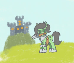 Size: 570x484 | Tagged: safe, artist:granatrus, oc, oc only, oc:filly anon, pony, armor, castle, female, female oc, filly, filly oc, foal, hoof shoes, mouth hold, outdoors, peytral, pony oc, solo, sword, weapon