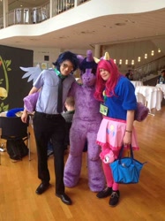 Size: 979x1306 | Tagged: safe, pinkie pie, soarin', twilight sparkle, human, galacon, g4, 2014, clothes, cosplay, costume, fursuit, indoors, irl, irl human, photo, ponysuit, trio