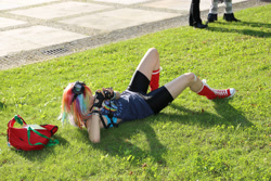 Size: 2736x1824 | Tagged: safe, rainbow dash, human, galacon, g4, 2014, camera, clothes, cosplay, costume, grass, irl, irl human, lying down, on back, photo, solo