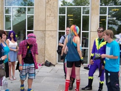 Size: 2304x1728 | Tagged: safe, pinkie pie, rainbow dash, rarity, human, galacon, g4, 2013, clothes, cosplay, costume, irl, irl human, photo, shadowbolts costume