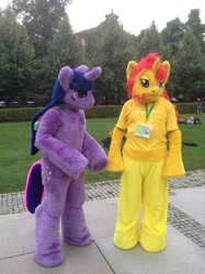 Size: 979x1306 | Tagged: safe, sunset shimmer, twilight sparkle, alicorn, galacon, g4, 2014, duo, fursuit, horn, irl, outdoors, photo, ponysuit, twilight sparkle (alicorn)