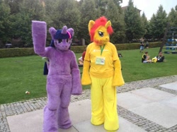 Size: 1306x979 | Tagged: safe, sunset shimmer, twilight sparkle, alicorn, galacon, g4, 2014, duo, fursuit, horn, irl, outdoors, photo, ponysuit, twilight sparkle (alicorn)