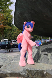 Size: 1824x2736 | Tagged: safe, artist:atalonthedeer, firefly, galacon, g1, 2014, fountain, fursuit, hat, outdoors, ponysuit, solo