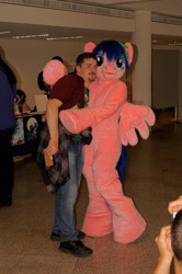 Size: 3264x4912 | Tagged: safe, artist:atalonthedeer, firefly, human, galacon, g1, 2014, duo focus, fursuit, indoors, irl, irl human, photo, ponysuit