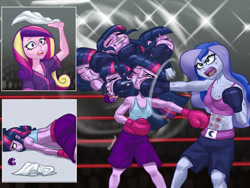 Size: 828x621 | Tagged: safe, artist:herosmacker, artist:hexecat, dean cadance, princess cadance, princess luna, twilight sparkle, vice principal luna, human, equestria girls, g4, boxing, mouth guard, sports, towel