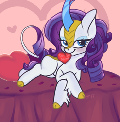 Size: 782x790 | Tagged: safe, artist:derpiwoo, rarity, kirin, g4, bedroom eyes, blushing, cloven hooves, crossed hooves, female, heart, holiday, implied anon, indoors, kirin rarity, kirin-ified, looking at you, lying down, mare, mouth hold, signature, solo, species swap, valentine's day