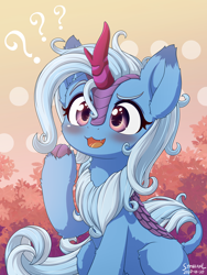 Size: 1500x2000 | Tagged: safe, artist:symbianl, trixie, kirin, g4, 2020, :3, blushing, cloven hooves, confused, cute, cute little fangs, diatrixes, ear fluff, fangs, female, fluffy, hoof fluff, horn, kirin trixie, kirin-ified, leg fluff, looking at you, mare, old art, open mouth, open smile, sitting, smiling, smiling at you, solo, species swap