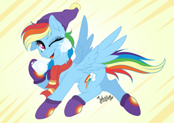 Size: 4093x2894 | Tagged: safe, artist:julunis14, part of a set, rainbow dash, pegasus, pony, g4, cheek fluff, chest fluff, clothes, digital, ear fluff, female, hat, leg fluff, mare, one eye closed, open mouth, open smile, running, scarf, signature, simple background, smiling, snow, snowball, socks, solo, spread wings, tail, wings, wink, winter hat, winter outfit