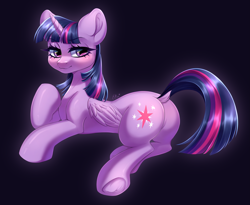 Size: 3697x3027 | Tagged: safe, artist:e-boi, twilight sparkle, alicorn, pony, g4, blushing, butt, dock, eyebrows, eyebrows visible through hair, female, folded wings, high res, horn, lidded eyes, lying down, mare, plot, signature, smiling, solo, tail, twibutt, twilight sparkle (alicorn), underhoof, wings