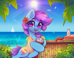 Size: 4000x3100 | Tagged: safe, artist:radioaxi, oc, oc only, oc:nohra, crab, earth pony, pony, beach, coconut cup, commission, crepuscular rays, earth pony oc, eyebrows, eyebrows visible through hair, female, flower, flower in hair, high res, hoof hold, looking at you, mare, ocean, open mouth, open smile, outdoors, sky, smiling, smiling at you, solo, summer, sun, water, watermark, ych result