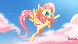 Size: 3840x2160 | Tagged: safe, artist:duderedblue, artist:mineiwi, fluttershy, pegasus, pony, g4, 4k, cloud, collaboration, eyelashes, female, flying, high res, mare, open mouth, open smile, outdoors, signature, sky, smiling, solo, spread wings, wings