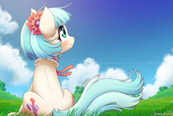 Size: 2400x1600 | Tagged: safe, artist:symbianl, coco pommel, earth pony, pony, g4, beautiful, blushing, both cutie marks, cloud, cocobetes, cute, female, flower, grass, looking up, mare, outdoors, scenery, sitting, sky, smiling, solo, tail, windswept mane, windswept tail