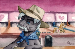 Size: 3421x2212 | Tagged: safe, artist:the-wizard-of-art, burnt oak, jeff letrotski, earth pony, pony, g4, background pony, bandana, bowling alley, cowboy hat, hat, jeff bridges, male, ponified, sam elliot, solo focus, stallion, the big lebowski, the dude, the stranger (the big lebowski), traditional art, watercolor painting