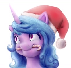 Size: 1800x1707 | Tagged: safe, artist:nedemai, izzy moonbow, pony, unicorn, g5, candy, candy cane, christmas, female, food, hat, holiday, horn, mare, mouth hold, santa hat, solo