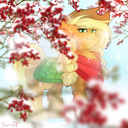 Size: 2000x2000 | Tagged: safe, artist:sinrinf, applejack, earth pony, pony, g4, chest fluff, clothes, cowboy hat, ear fluff, fluffy, hat, scarf, snow, solo, unshorn fetlocks, winter, winter outfit