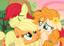 Size: 1710x1220 | Tagged: safe, artist:cstrawberrymilk, applejack, bright mac, pear butter, pony, g4, flower, flower in hair, hat