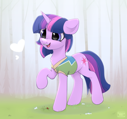 Size: 2462x2304 | Tagged: safe, artist:radioaxi, twilight sparkle, insect, ladybug, pony, unicorn, g4, my little pony: friendship is magic, winter wrap up, 2021, chest fluff, clothes, cute, female, grass, heart, high res, horn, mare, old art, open mouth, open smile, raised hoof, raised leg, shirt, smiling, solo, standing on two hooves, tree, twiabetes, unicorn twilight, winter wrap up vest