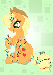 Size: 2894x4093 | Tagged: safe, artist:julunis14, part of a set, applejack, earth pony, pony, g4, applejack's hat, christmas, christmas lights, cowboy hat, digital, female, freckles, hat, holiday, lights, mare, open mouth, open smile, signature, simple background, sitting, smiling, solo, string lights, tangled up