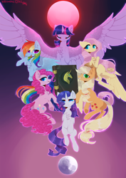 Size: 3508x4961 | Tagged: safe, artist:hakkerman, applejack, fluttershy, pinkie pie, rainbow dash, rarity, twilight sparkle, alicorn, earth pony, pegasus, pony, unicorn, g4, applejack's hat, book, book of harmony, chest fluff, cowboy hat, ear fluff, eyes closed, female, group, group shot, hat, horn, large wings, mane six, mare, moon, open mouth, open smile, sextet, signature, simple background, smiling, spread wings, sun, twilight sparkle (alicorn), wings