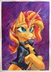 Size: 2806x3942 | Tagged: safe, artist:jsunlight, sunset shimmer, pony, unicorn, g4, chest fluff, clothes, horn, jacket, passepartout, solo, traditional art, watercolor painting