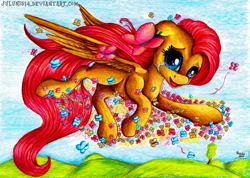 Size: 2298x1639 | Tagged: safe, artist:julunis14, fluttershy, butterfly, pegasus, pony, g4, my little pony: friendship is magic, the cutie mark chronicles, blank flank, crying, female, filly, filly fluttershy, foal, looking at you, open mouth, open smile, outdoors, scene interpretation, signature, smiling, smiling at you, solo, tears of joy, wings, younger