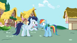 Size: 2560x1440 | Tagged: safe, rainbow dash, soarin', pegasus, pony, g4, blushing, female, jewelry, male, outdoors, question, ring, ship:soarindash, shipping, straight, surprised