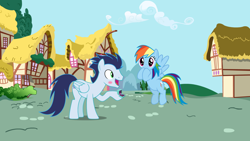 Size: 2560x1440 | Tagged: safe, rainbow dash, soarin', pegasus, pony, g4, blushing, female, jewelry, male, outdoors, ponyville, ring, ship:soarindash, shipping, straight, surprised