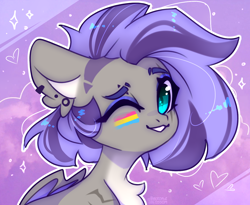 Size: 1316x1080 | Tagged: safe, artist:radioaxi, oc, oc only, oc:poisoned calluna, bat pony, pony, bat pony oc, bust, countershading, female, folded wings, heart, looking at you, mare, one eye closed, pale belly, pansexual pride flag, pride, pride flag, smiling, smiling at you, solo, wings, wink, winking at you