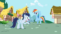 Size: 2560x1440 | Tagged: safe, rainbow dash, soarin', pegasus, pony, g4, blushing, female, jewelry, male, outdoors, ponyville, ring, ship:soarindash, shipping, straight