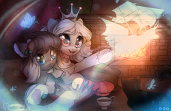 Size: 2450x1600 | Tagged: safe, artist:radioaxi, oc, oc only, butterfly, cat, dragonfly, insect, pony, art trade, chest fluff, clothes, crown, cup, duo, eye clipping through hair, female, fire, fireplace, jewelry, looking at something, magic, mare, open mouth, open smile, regalia, ship, smiling, socks, striped socks, underhoof, unshorn fetlocks