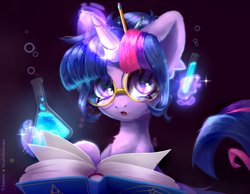 Size: 4500x3500 | Tagged: safe, artist:radioaxi, artist:wyvernthedragon, twilight sparkle, alicorn, pony, g4, :o, book, collaboration, cute, erlenmeyer flask, female, flask, glasses, glowing, glowing horn, hair bun, high res, horn, levitation, looking at you, magic, magic aura, mare, open mouth, pen, pencil, potion, round glasses, science, solo, telekinesis, test tube, twiabetes, twilight sparkle (alicorn)