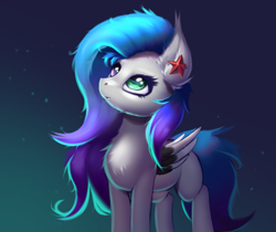 Size: 1479x1245 | Tagged: safe, artist:wyvernthedragon, oc, oc only, oc:angara, hybrid, pegabat, pony, decoration, female, folded wings, gradient background, heterochromia, mare, red star, solo, wings