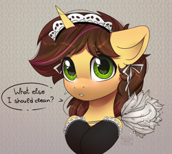 Size: 2622x2349 | Tagged: safe, artist:radioaxi, oc, oc only, oc:joshua lemonbrew, pony, unicorn, clothes, crossdressing, duster, horn, looking at you, maid, male, solo, speech bubble, stallion, talking, talking to viewer