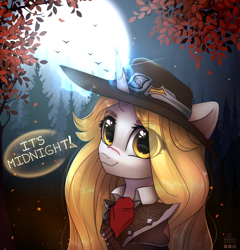 Size: 2016x2100 | Tagged: safe, artist:radioaxi, oc, oc only, bird, pony, unicorn, bust, clothes, costume, cut, dialogue, eye clipping through hair, eyebrows, eyebrows visible through hair, female, forest, glowing, glowing horn, halloween, halloween costume, hat, high res, holiday, horn, looking at you, magic, mare, moon, nature, night, outdoors, portrait, scenery, smiling, smiling at you, solo, tree, van helsing