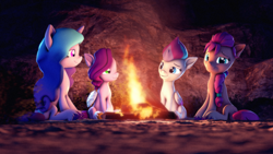 Size: 3840x2160 | Tagged: safe, artist:psfmer, izzy moonbow, pipp petals, sunny starscout, zipp storm, earth pony, pegasus, pony, unicorn, g5, my little pony: a new generation, 3d, braid, braided ponytail, campfire, female, folded wings, high res, horn, looking at you, lucky bastard, mare, night, offscreen character, outdoors, ponytail, scene interpretation, sitting, source filmmaker, unshorn fetlocks, wings