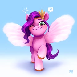 Size: 2046x2048 | Tagged: safe, artist:jellynut, pipp petals, pegasus, pony, g5, my little pony: a new generation, adorapipp, cute, diadem, female, happy, headband, jewelry, looking at you, mare, one eye closed, raised hoof, regalia, smiling, smiling at you, solo, spread wings, unshorn fetlocks, wings, wink, winking at you